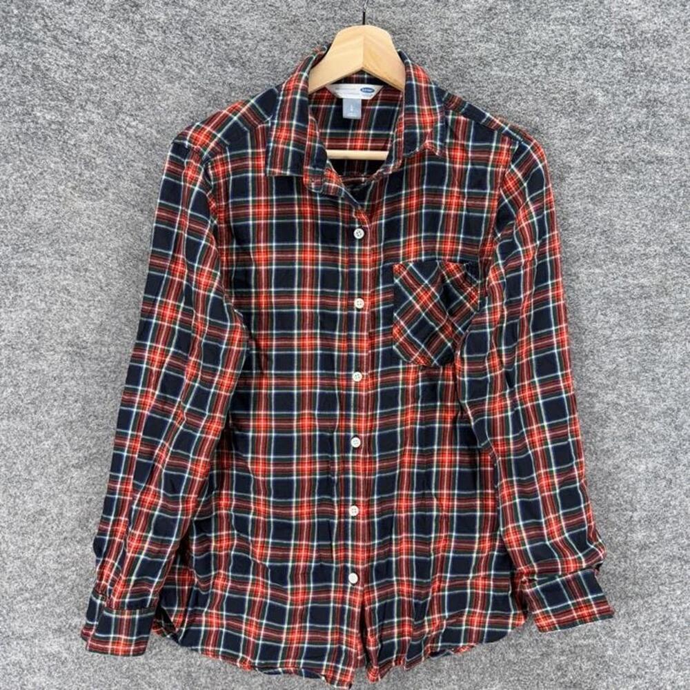 Old Navy Shirt Women L Large Blue Plaid Button Up Collared Long Sleeve Pockets